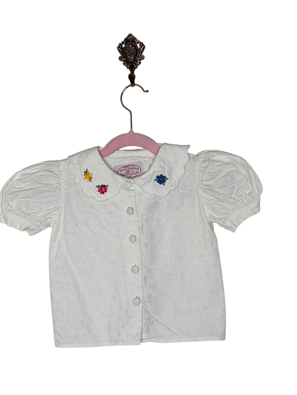 Vintage Plum Pudding Made in USA White Embroidered Collar Puff-Sleeve Girls' Top